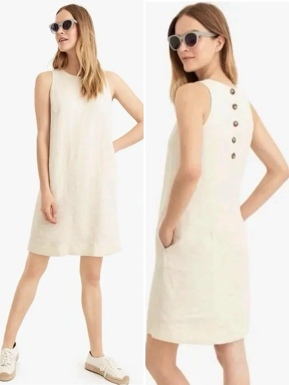 J. Crew 100% Linen Beige Button-Back Shift Dress, Size XXSP